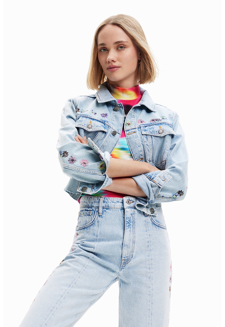 Jacheta crop de denim cu etalii florale - Albastru deschis