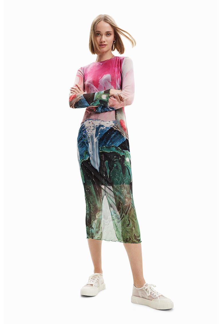 Rochie semi-trasparenta cu decupaj pe spate - Verde/Roz/Albastru