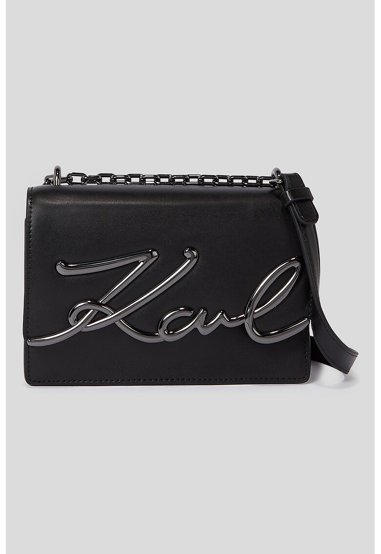 Geanta crossbody de piele cu aplicatie logo metalica K/Signature Karl Lagerfeld Reduceri si Transport Gratuit fashiondays.ro imagine noua