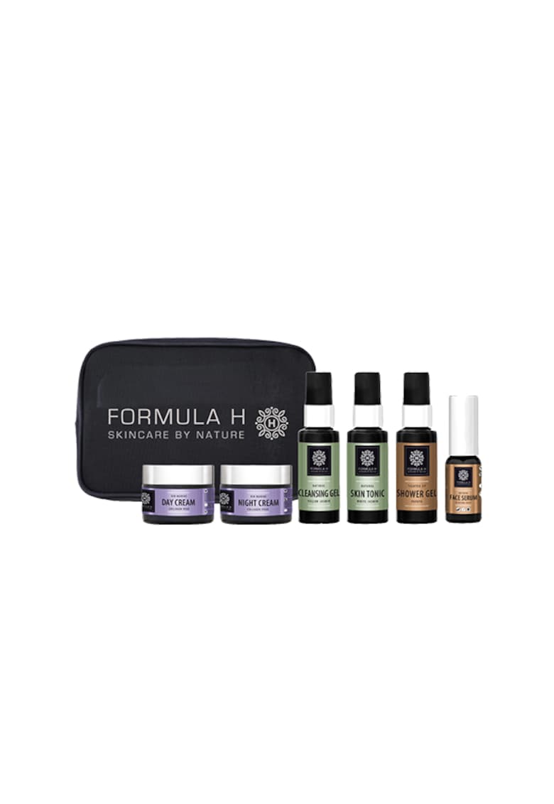 Set Travel Bag - Gel curatare 50ml - Lotiune tonica 50ml - Ser pentru ten 10ml - Crema de zi Collagen 10ml - Crema de noapte Collagen 10ml - Gel de dus 50ml