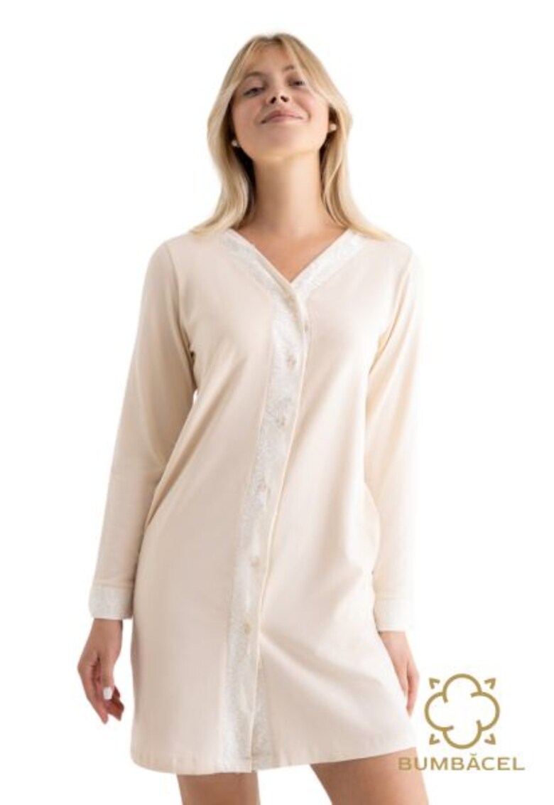 Camasa de noapte cu nasturi si maneca lunga - Bej