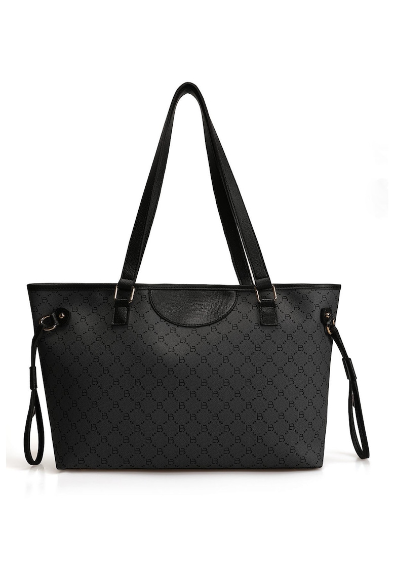 Geanta shopper de piele ecologica cu imprimeu logo - Negru