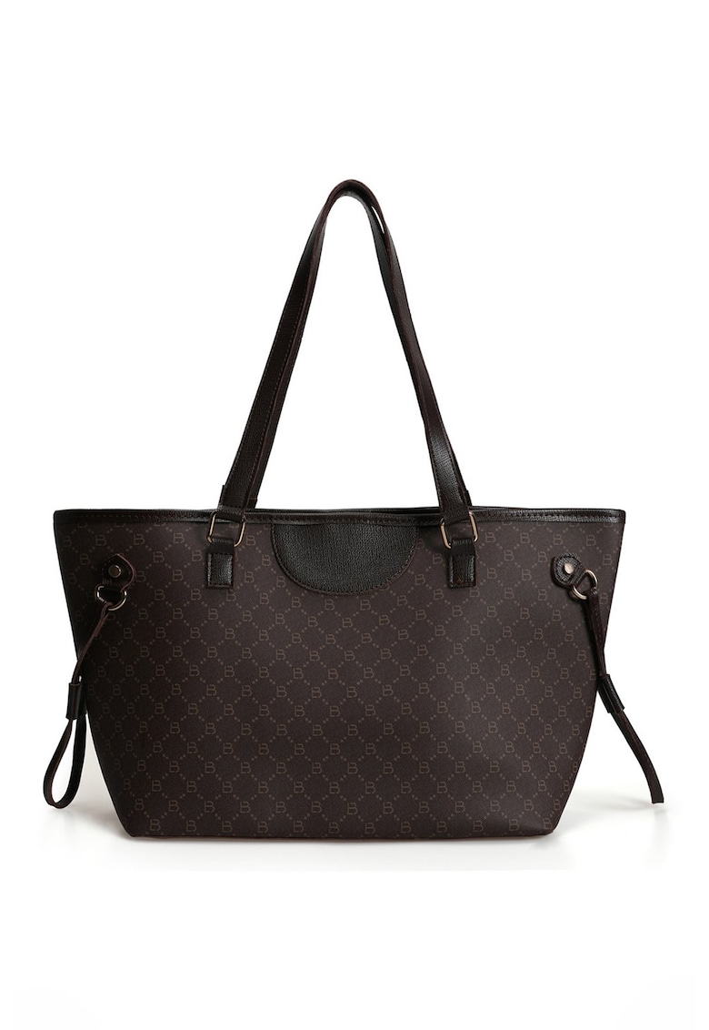 Geanta shopper de piele ecologica cu imprimeu logo - Maro inchis