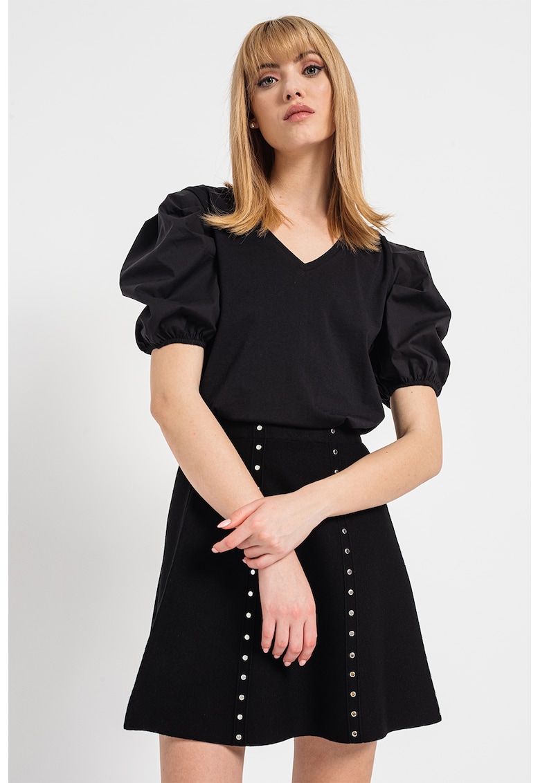 Bluza cu decolteu in V si maneci bufante Moda - Negru