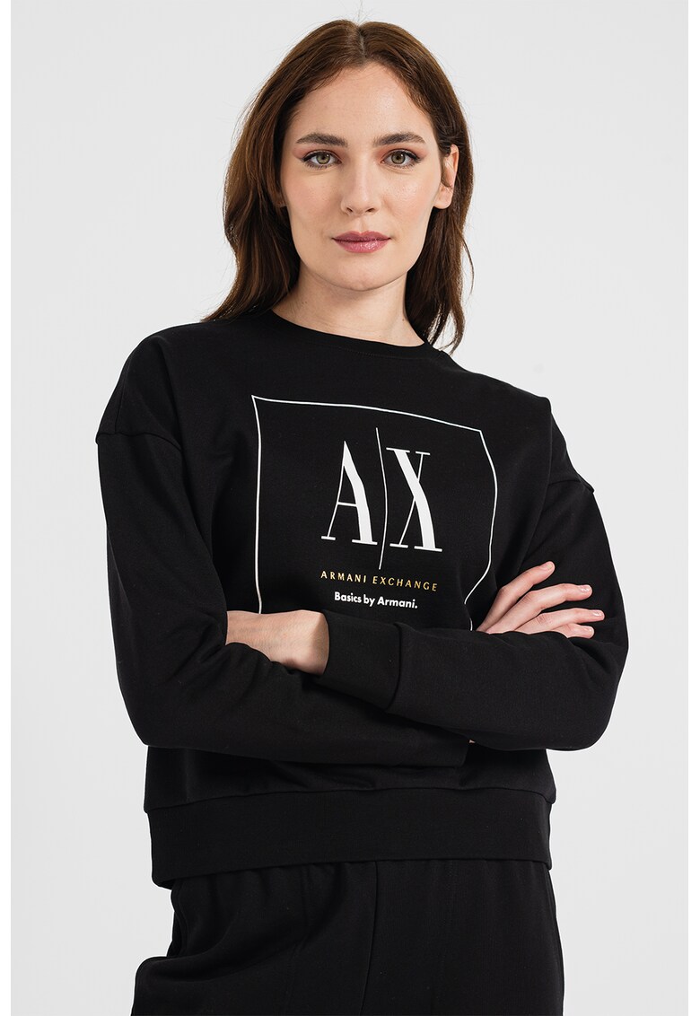 Bluza sport cu imprimeu logo si maneci cazute Armani Exchange imagine super redus 2022
