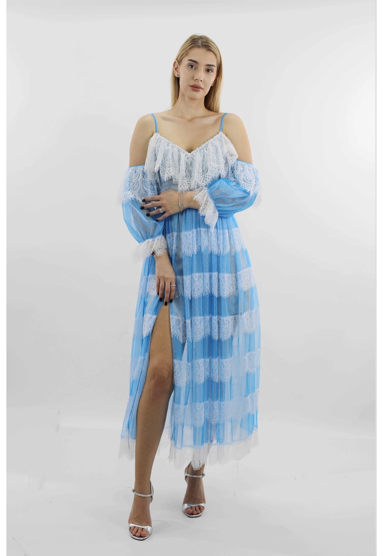 Rochie midi de seara din tul si dantela PINA - Albastru