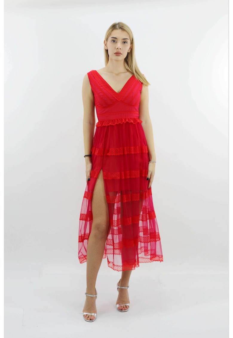 Rochie midi de seara din tul si dantela ENID - Rosu