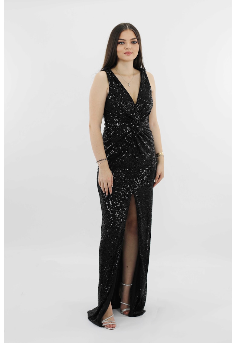 Rochie lunga de seara din paiete cu nod BLANCA - Negru