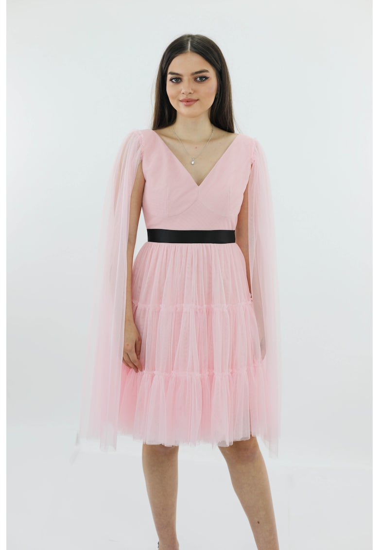 Rochie de seara midi din tul cu centura DARINNA - Roz deschis