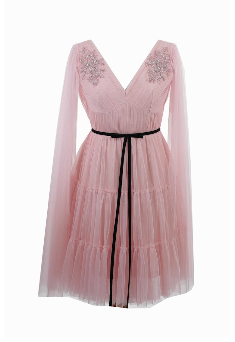 Rochie de seara midi din tul cu centura si broderie DARINNA - Roz deschis