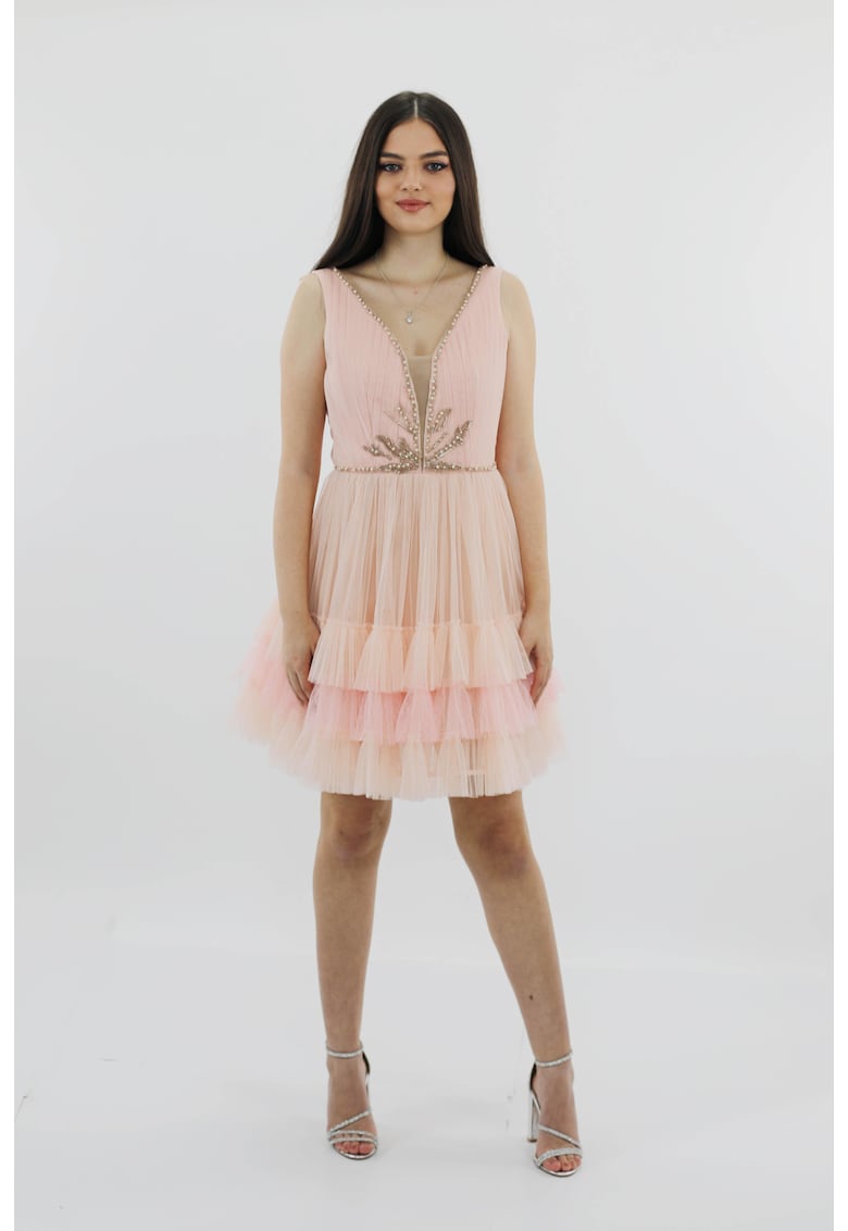 Rochie scurta de seara din tul cu broderie EDITH - Roz deschis