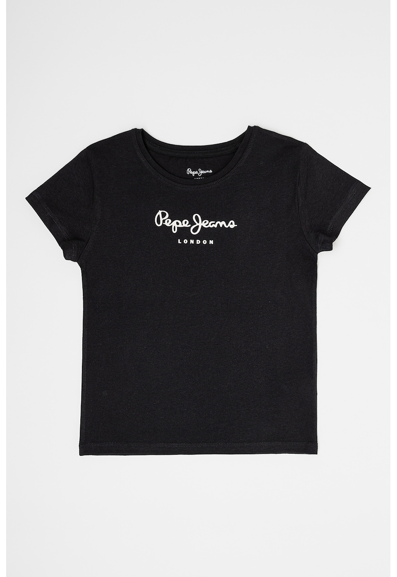 Tricou cu decolteu rotund si logo - Negru