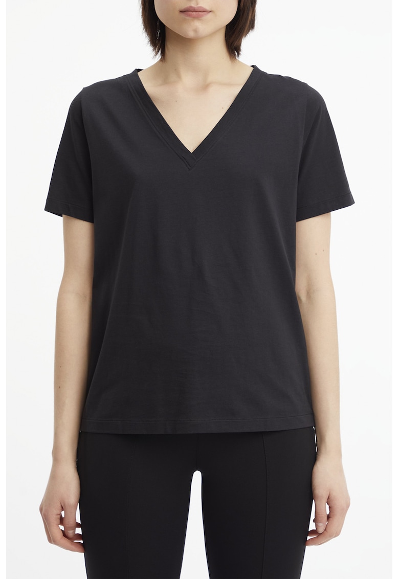 Tricou din bumbac cu decolteu in V - Negru