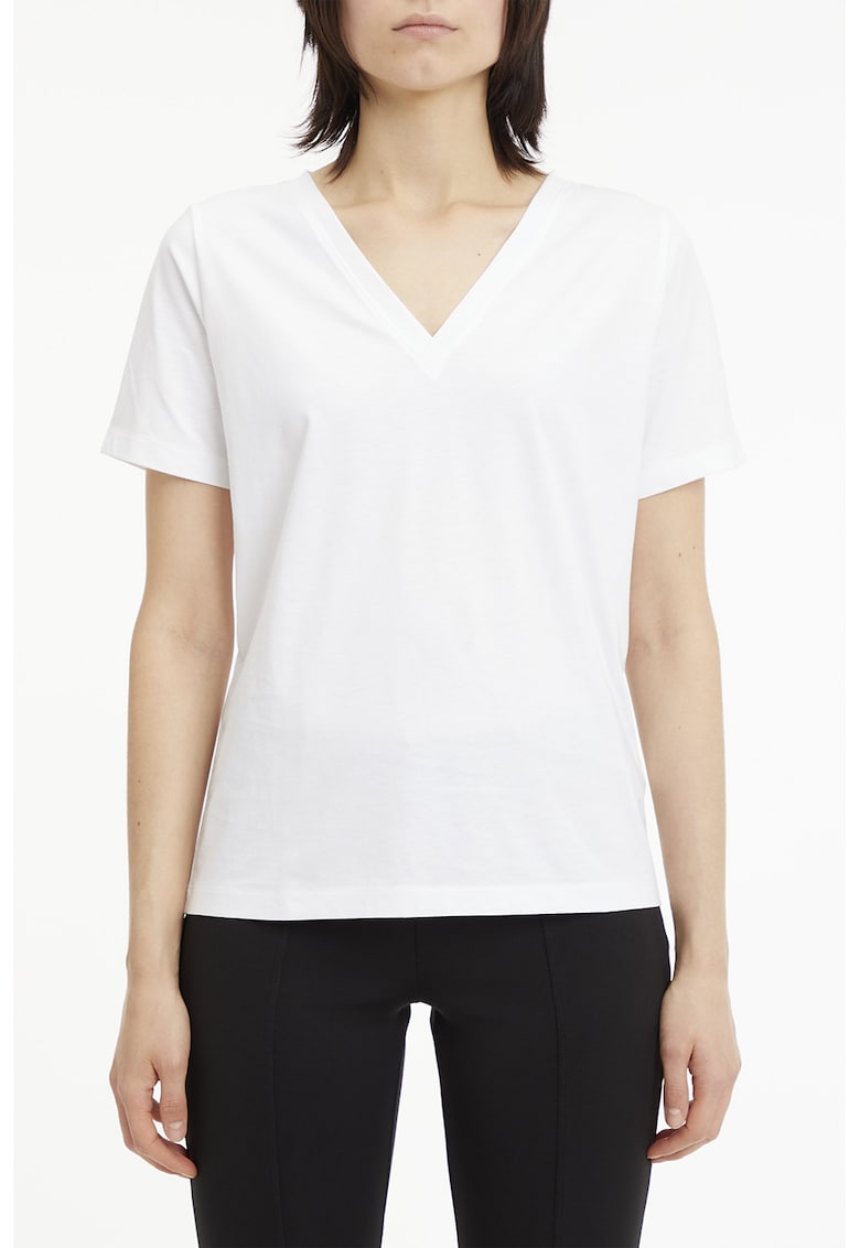 Tricou din bumbac cu decolteu in V - Alb optic