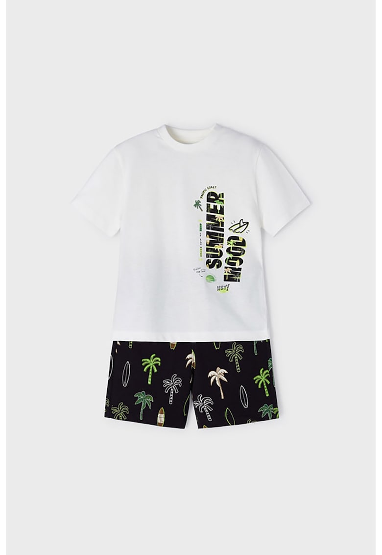 Set de tricou de bumbac si pantaloni scurti cu model tropical