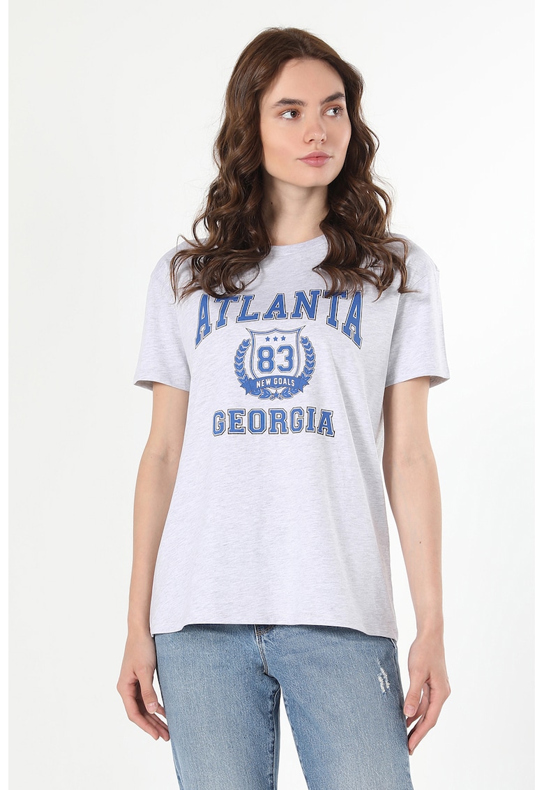 Tricou cu decolteu la baza gatului si imprimeu - Gri deschis melange/Albastru