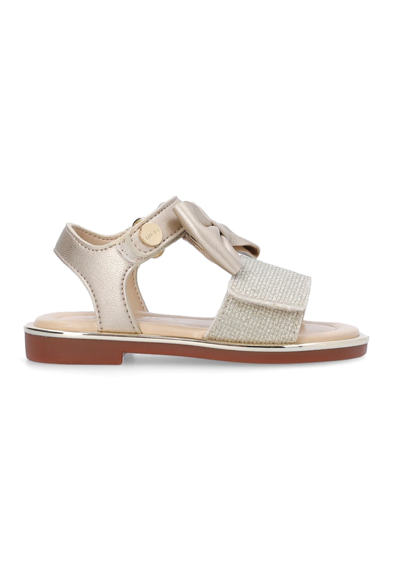 Sandale de piele ecologica cu velcro - Auriu/Maro camel