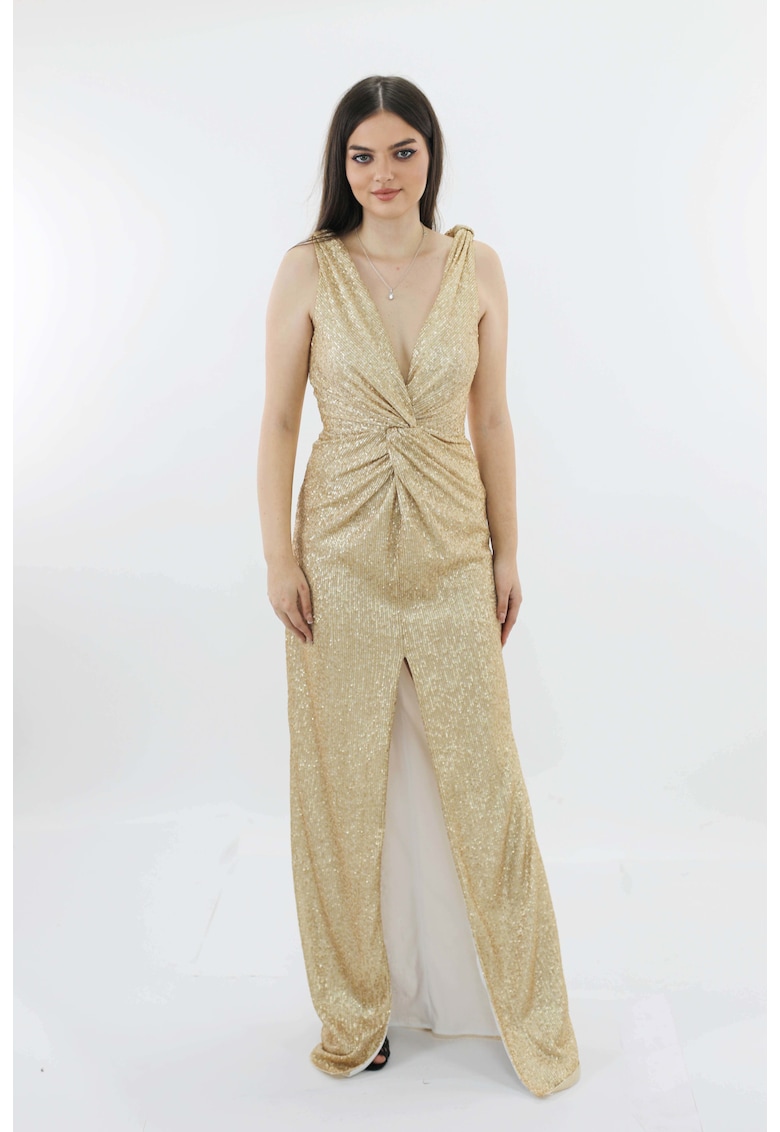 Rochie lunga de seara din paiete cu nod BLANCA - Auriu