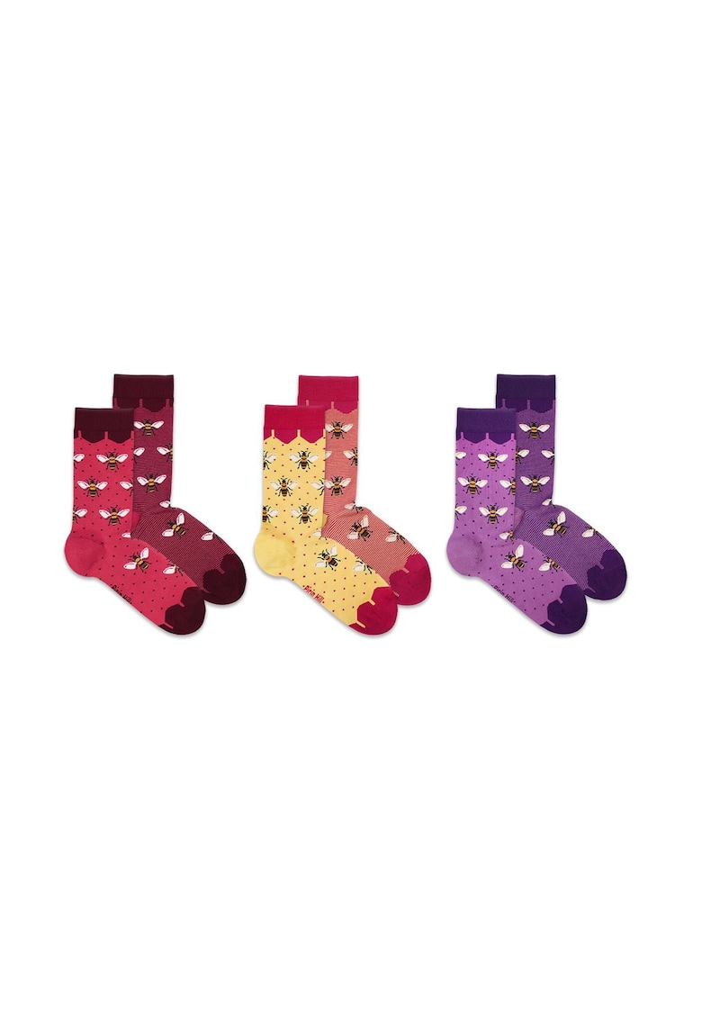 Sosete bambus BOX 3 FINE BAMBOO Bees - Purple Yellow Coral