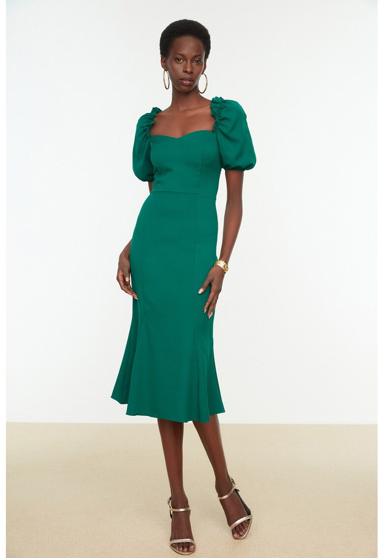 Rochie midi cambrata cu maneci bufante
