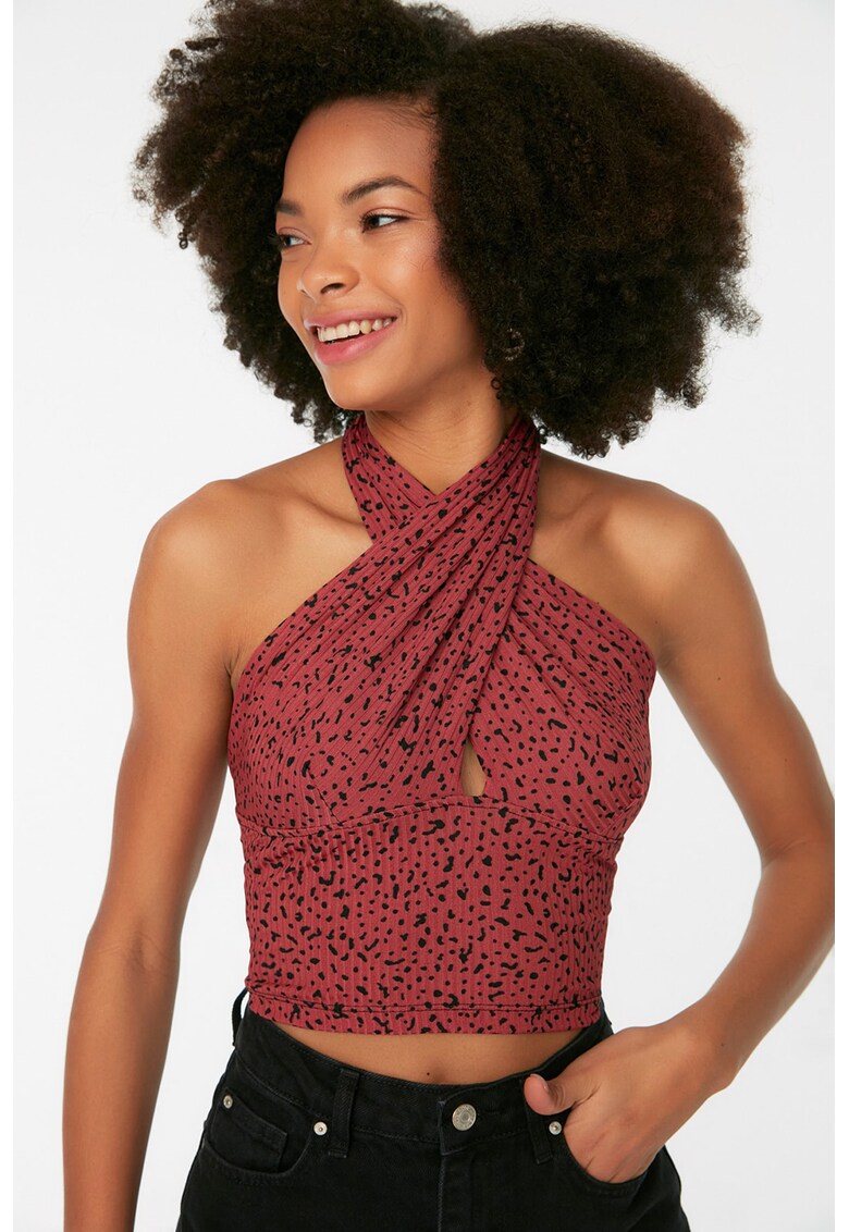 Top crop cu decolteu halter si imprimeu