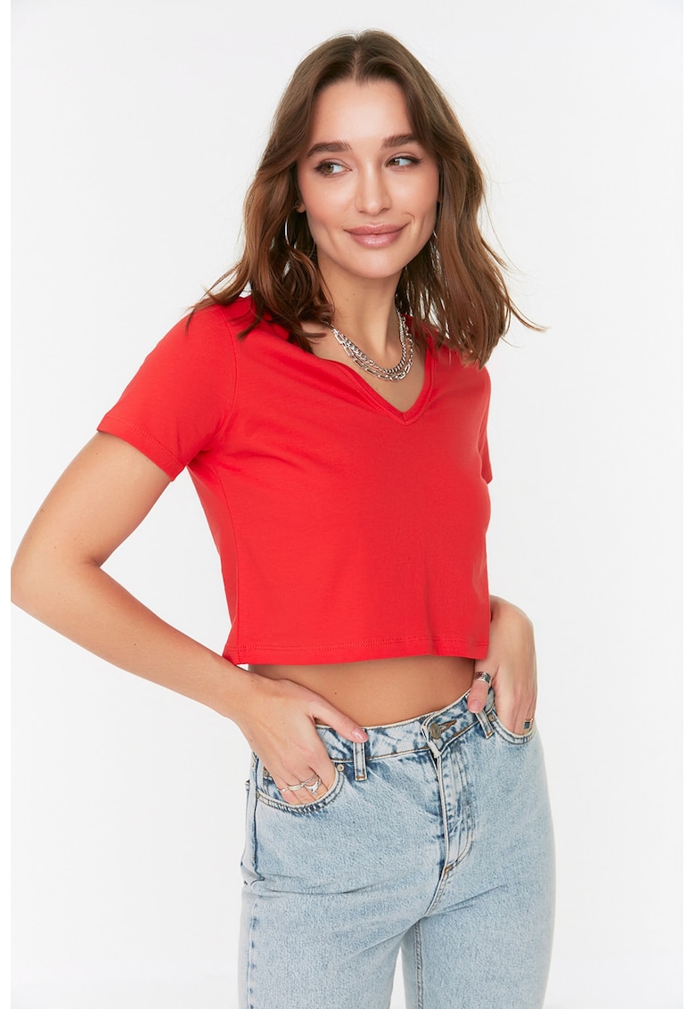 Tricou crop cu decolteu in V