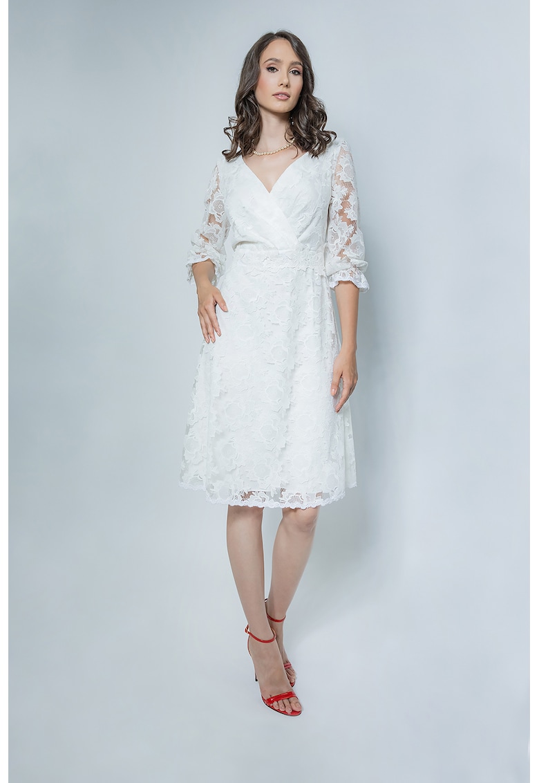Rochie midi cu decolteu in V si strat exterior din dantela