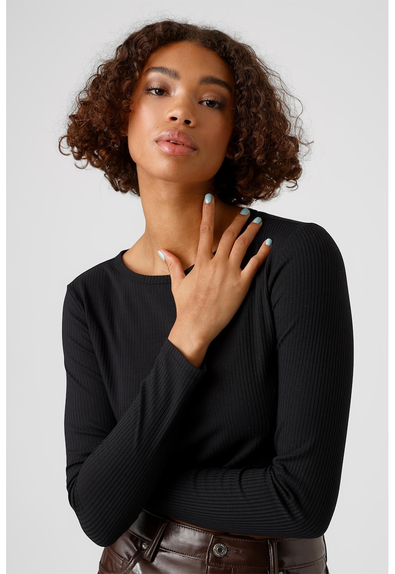 Bluza crop cu aspect striat - Negru