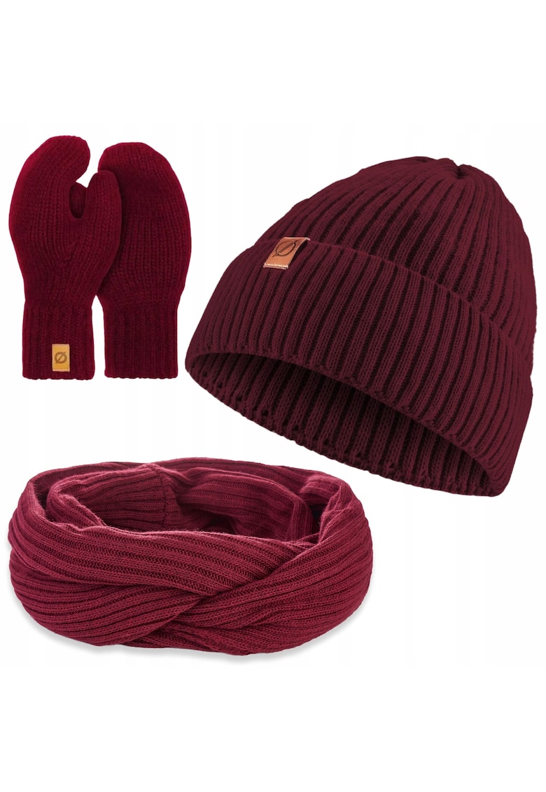 Set de iarna - Caciula/Manusi/Esarfa - 3 in 1 - Circumferinta 55-58 - Acril - Visiniu