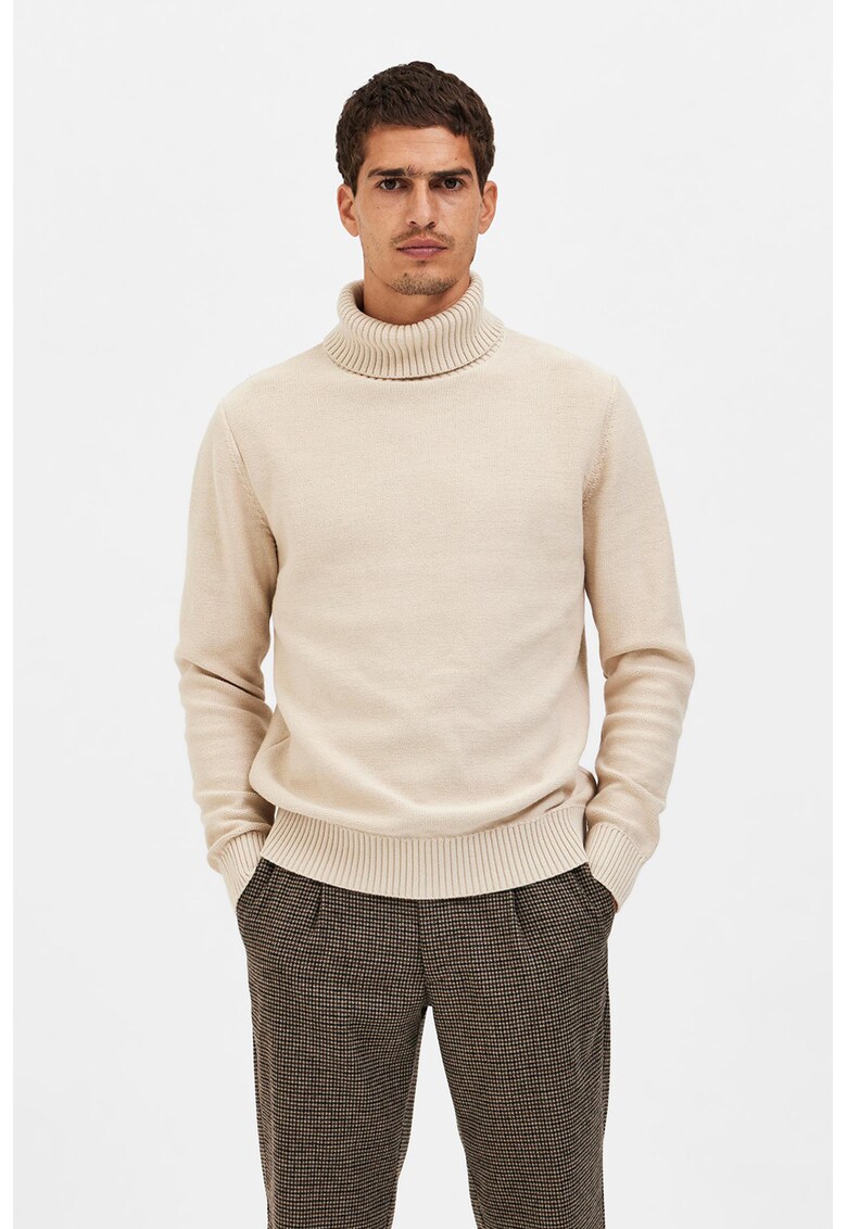 Pulover din amestec de bumbac organic cu guler inalt - Maro nisip