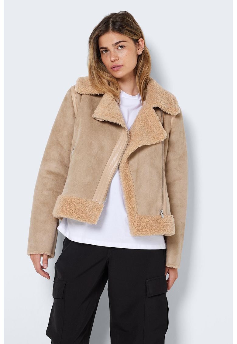 Jacheta aviator cu insertii de blana shearling sintetica - Maro camel