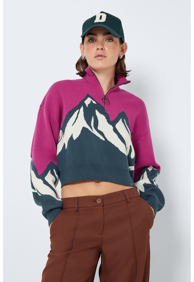 Pulover cu imprimeu grafic si fenta cu fermoar - Fucsia/Verde persan