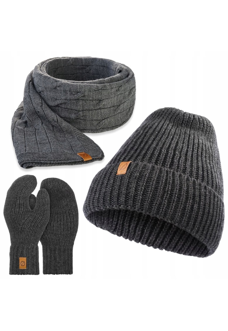 Set de iarna - Caciula/Manusi/Esarfa - 3 in 1 - Circumferinta 55-58 - Acril - Gri inchis