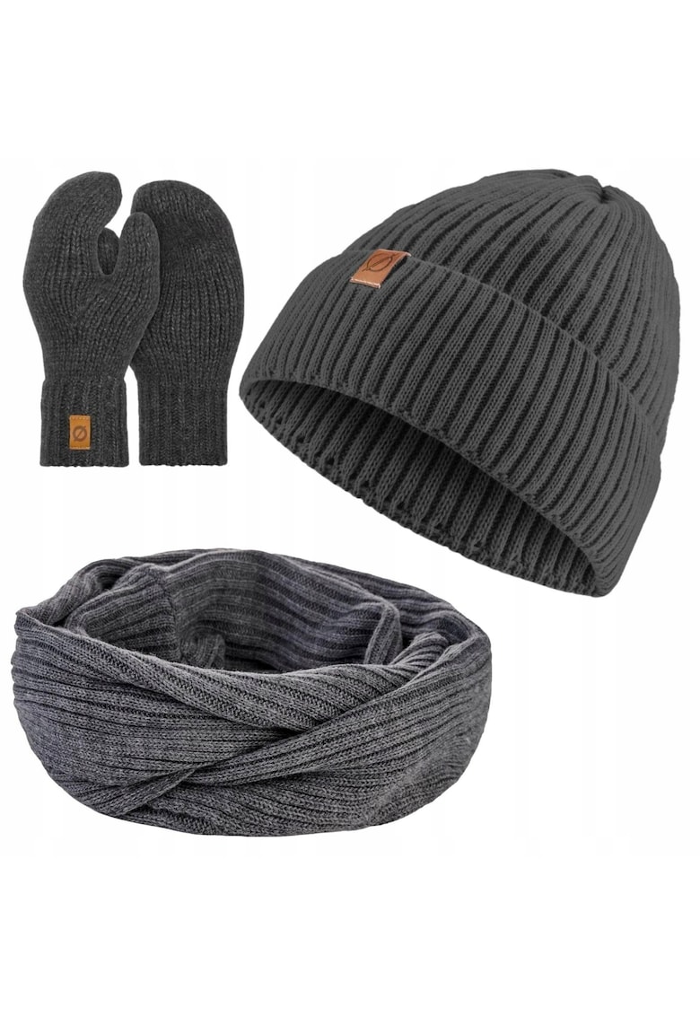Set de iarna - Caciula/Manusi/Esarfa - 3 in 1 - Circumferinta 55-58 - Acril - Gri