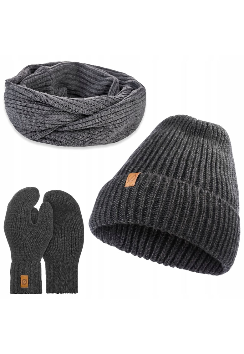 Set de iarna - Caciula/Manusi/Esarfa - 3 in 1 - Circumferinta 55-58 - Acril - Gri