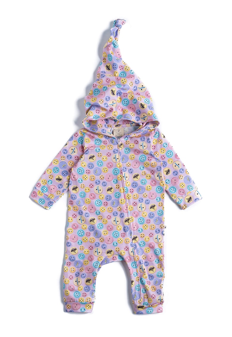 Salopeta de bumbac organic cu model - Albastru pastel/Roz