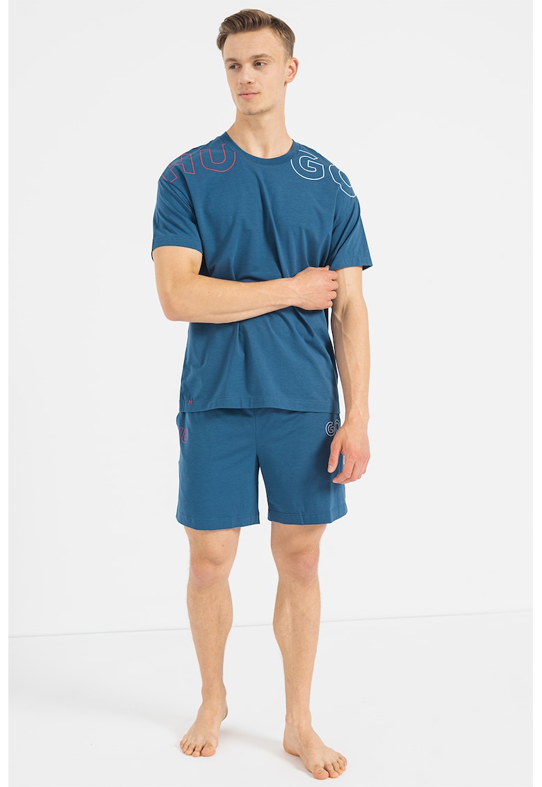 Pijama cu imprimeu logo si pantaloni scurti baie