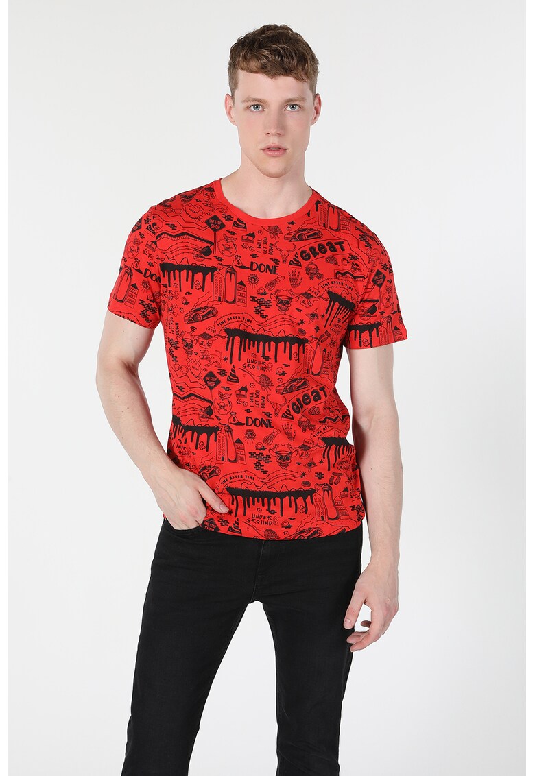 Tricou de bumbac cu imprimeu - Rosu/Negru