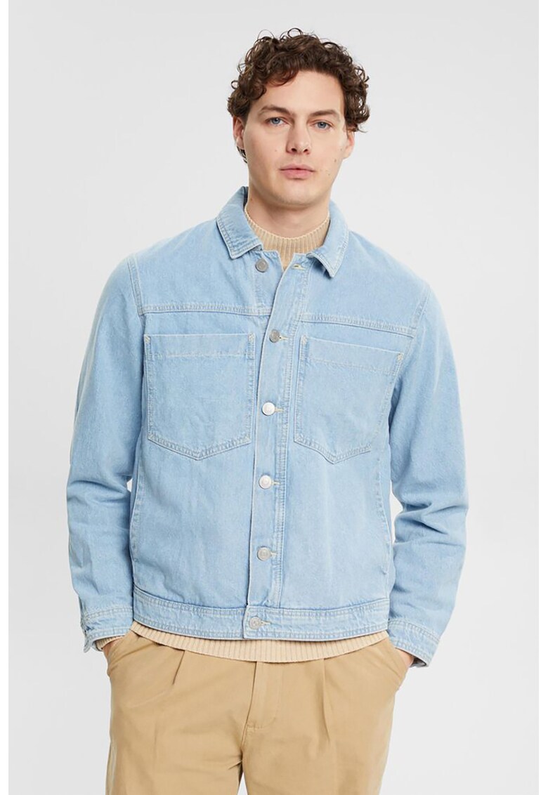 Jacheta din denim cu buzunare supradimensionate aplicate