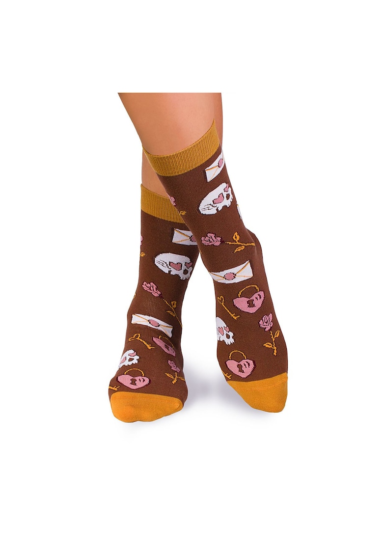 Sosete bumbac Colour Cotton cu trandafir si craniu Maro - Multicolor