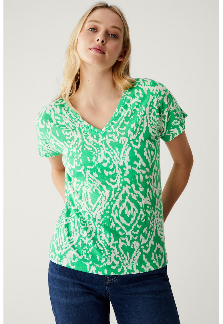 Tricou din amestec de in cu imprimeu si decolteu in V