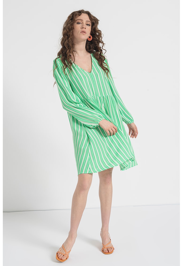 Rochie in dungi cu decolteu in V - Alb/Verde