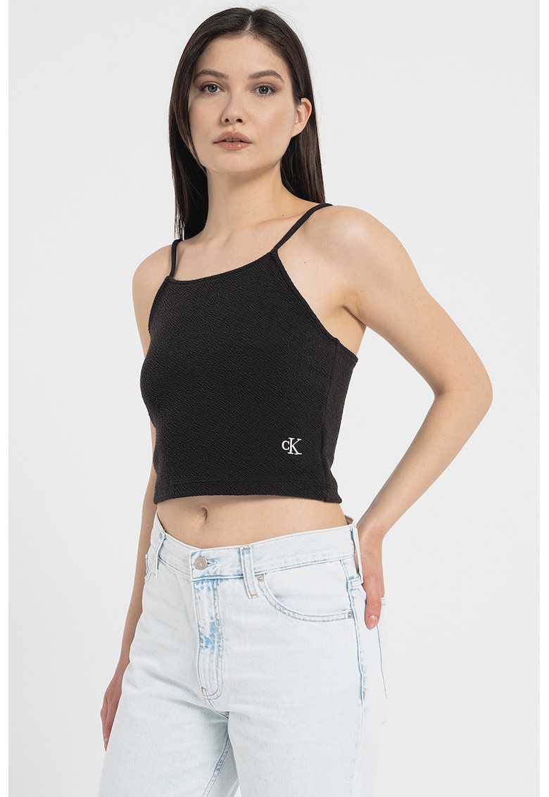Top crop cu logo brodat - Negru