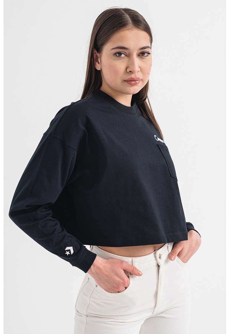 Bluza crop cu buzunar pe piept