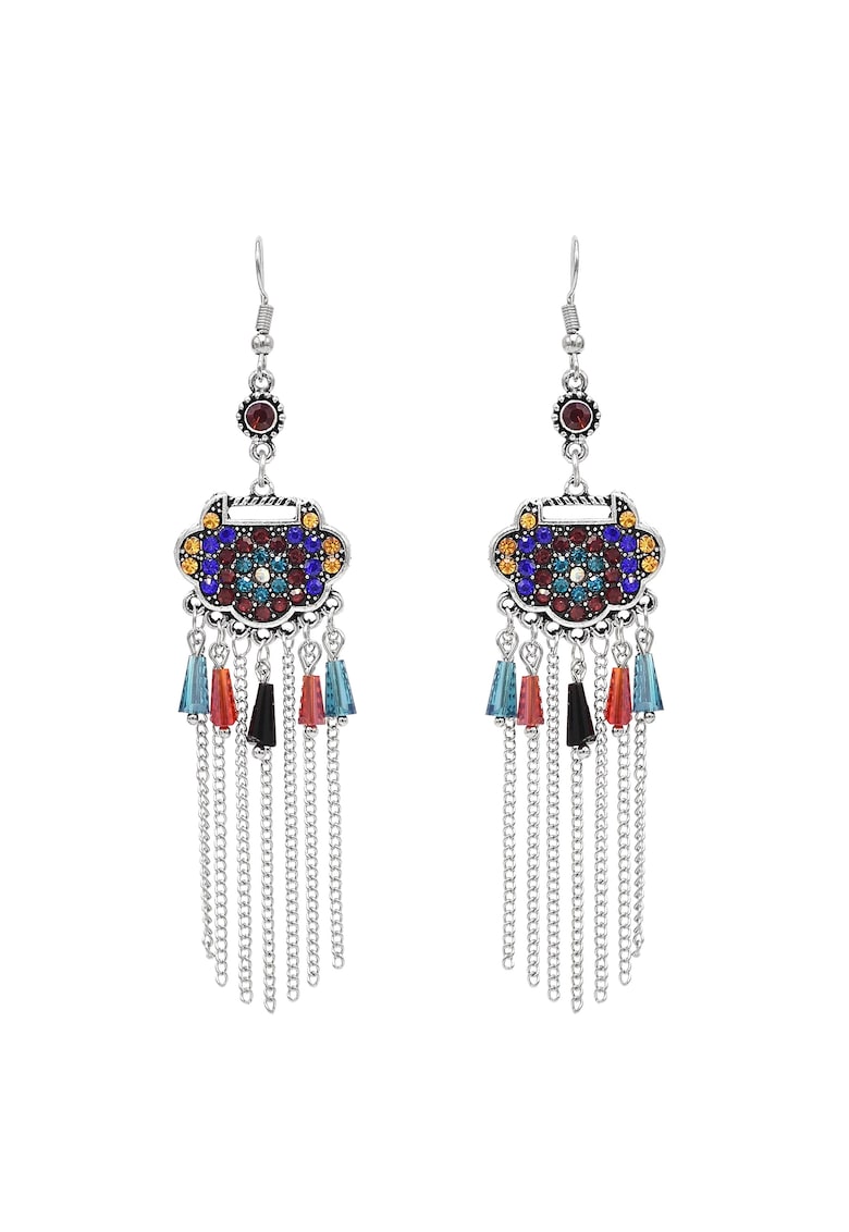 Cercei argintii - stil boho - lungi - cu franjuri si pietre - Parley C4 -