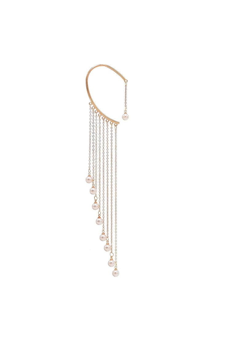 Cercel ear cuff - auriu - lung - cu franjuri si perle - Palmira C1 -