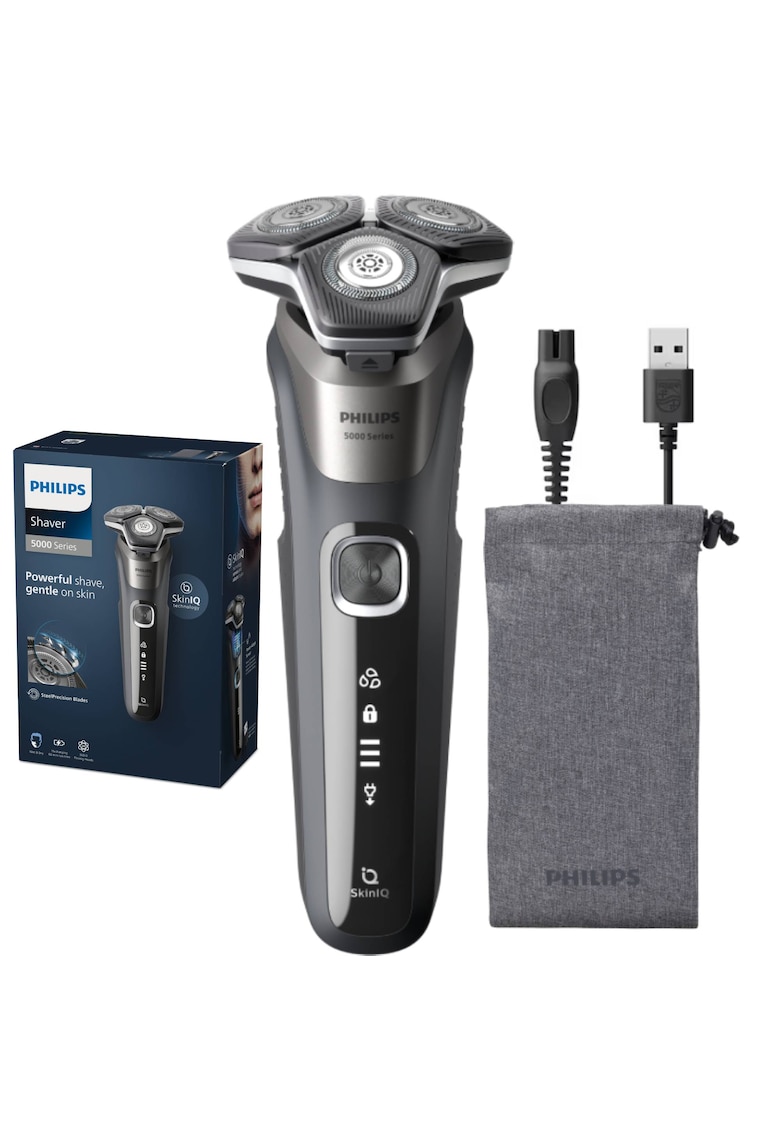 Aparat de barbierit Shaver Seria 5000 barbierit umed/uscat - tehnologie SkinIQ - fara fir - capete flexibile 360° - display LED - senzor Power Adapt - lame auto-ascutire - lama de tuns integrata - Gri carbon