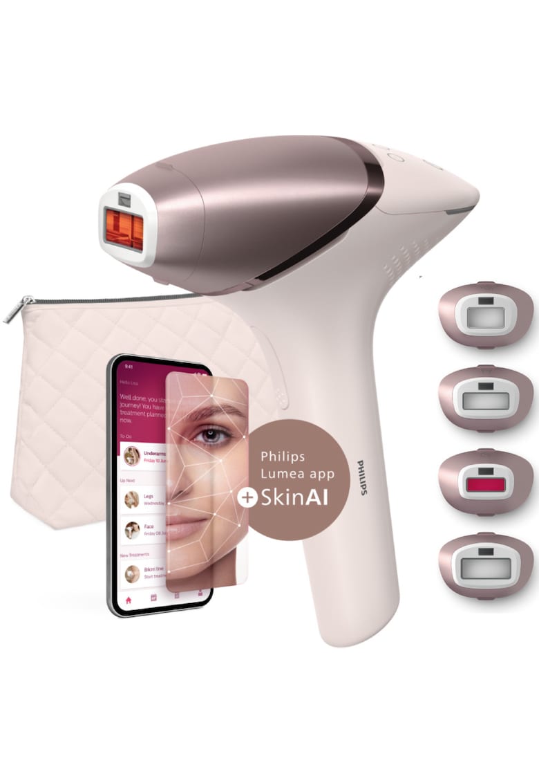 Epilator IPL Lumea Seria 9900 BRI977/00 - Senzor Smartskin - tehnologie SenseIQ - conectare la aplicatie cu functii Skin AI - utilizare cu sau fara fir - 450.000 impusuri - accesoriu fata - corp - axila si inghinal - Roz pudra