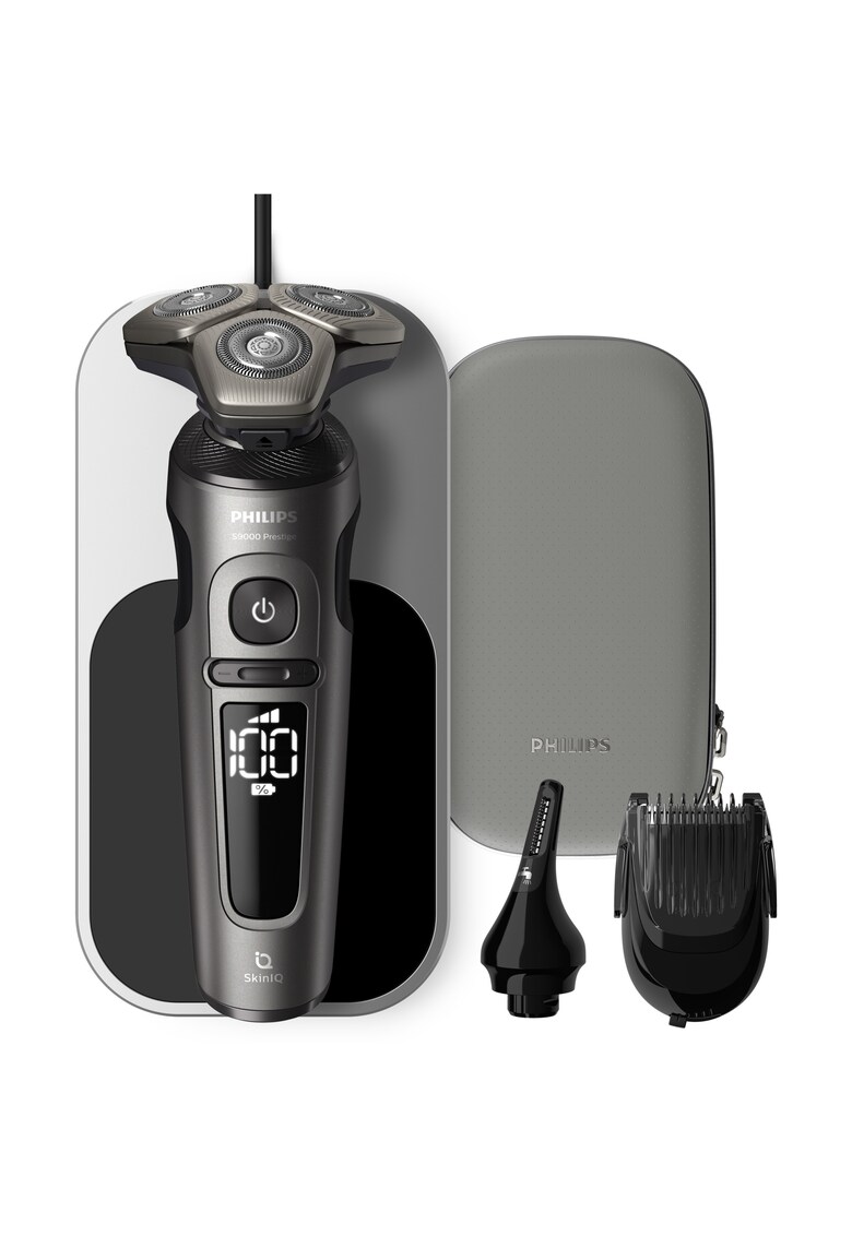 Aparat de barbierit Shaver Seria 9000 Prestige SP9872/15 - barbierit umed/uscat - tehnologie SkinIQ - fara fir - capete Ultraflex - senzor Smart Hair - lame NanoTech - 60 min - incarcare Wireless - suport de incarcare - toc de transport premium - Gri