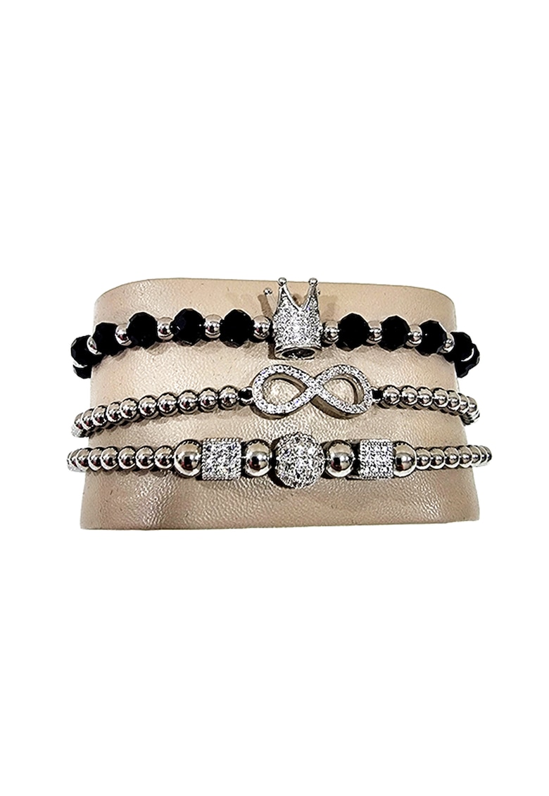 Set 3 bratari Iconic din otel inoxidabil - onix si zirconiu - Unisex - argintiu - 16-22 cm